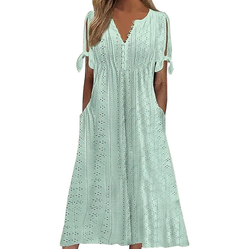 Women’s V-Neck Button Down Eyelet Flowy Pleated Maxi Dress Sz XL